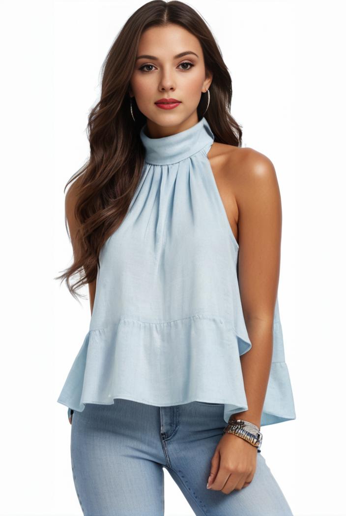 mock neck ruched ruffles sleeveless casual top 134934