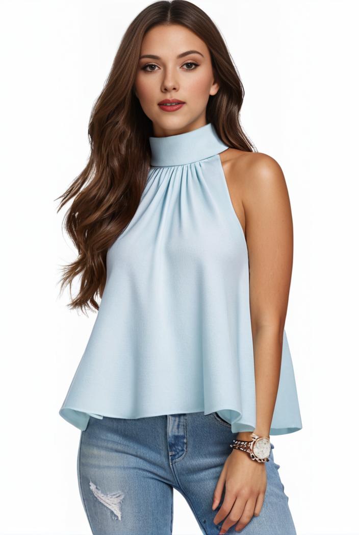 mock neck ruched ruffles sleeveless casual top 134938