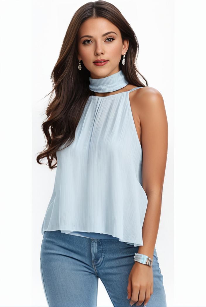 mock neck ruched ruffles sleeveless casual top 134935