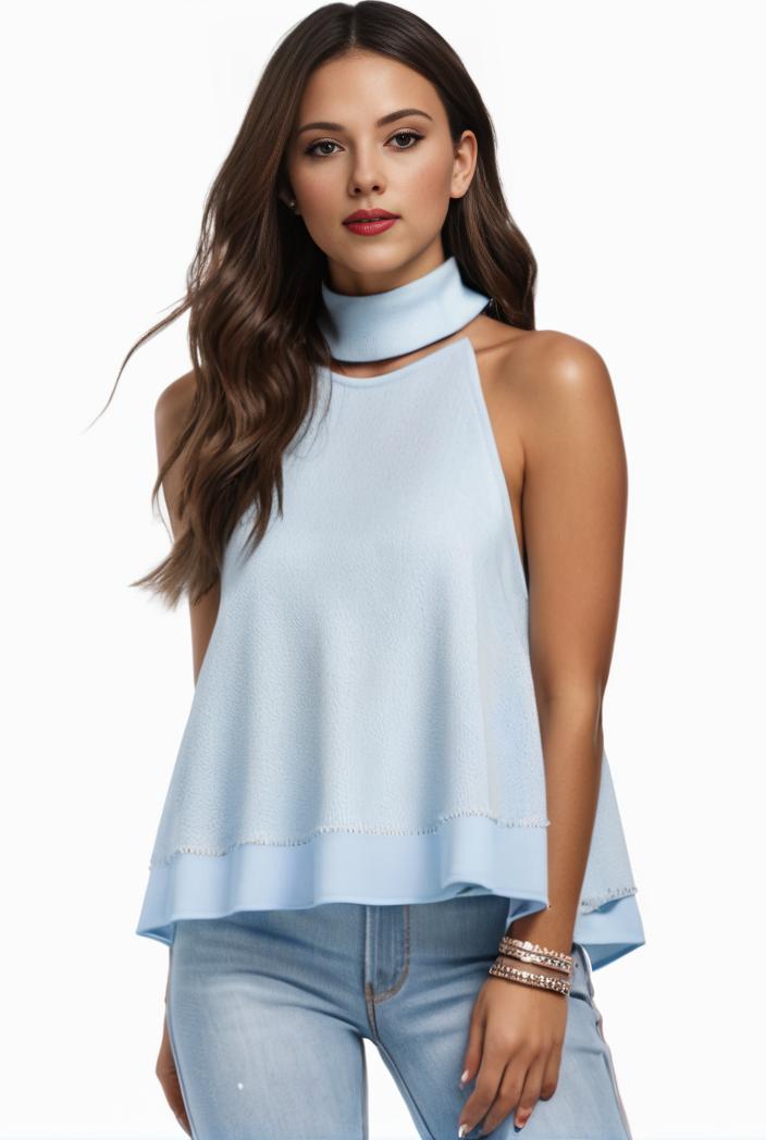 mock neck ruched ruffles sleeveless casual top 134940