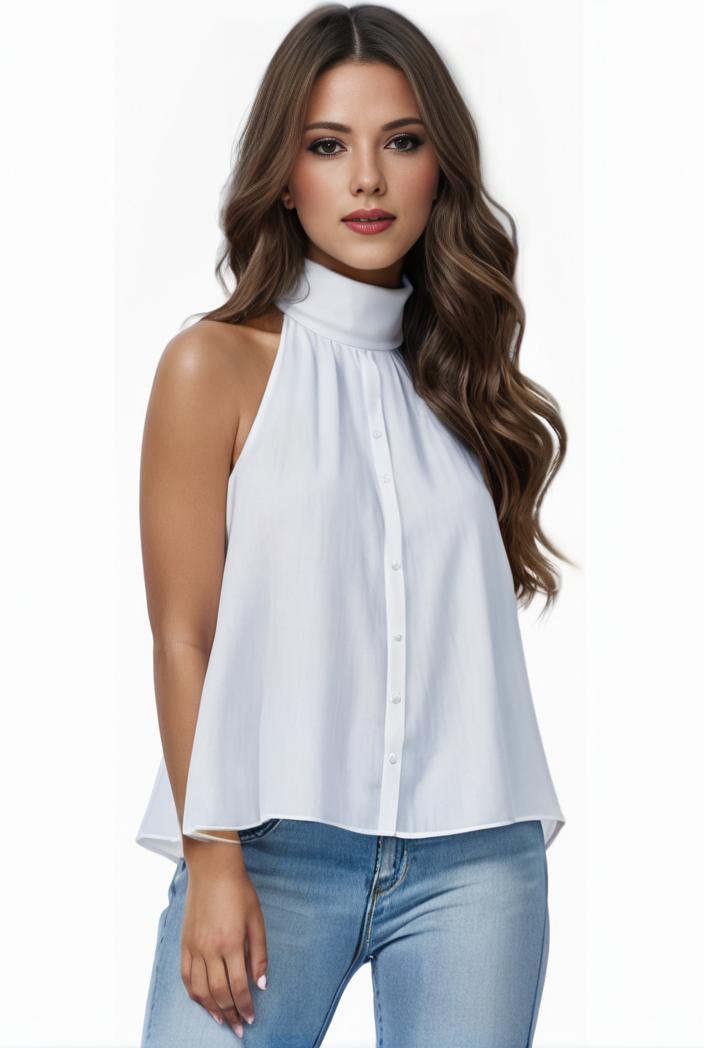 mock neck ruched ruffles sleeveless casual top 134944