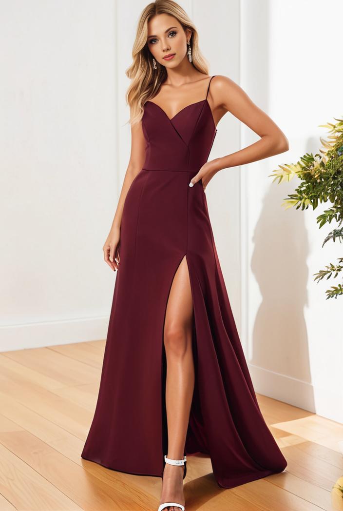 pleated v neck spaghetti strap high slit bridesmaid dress 137380