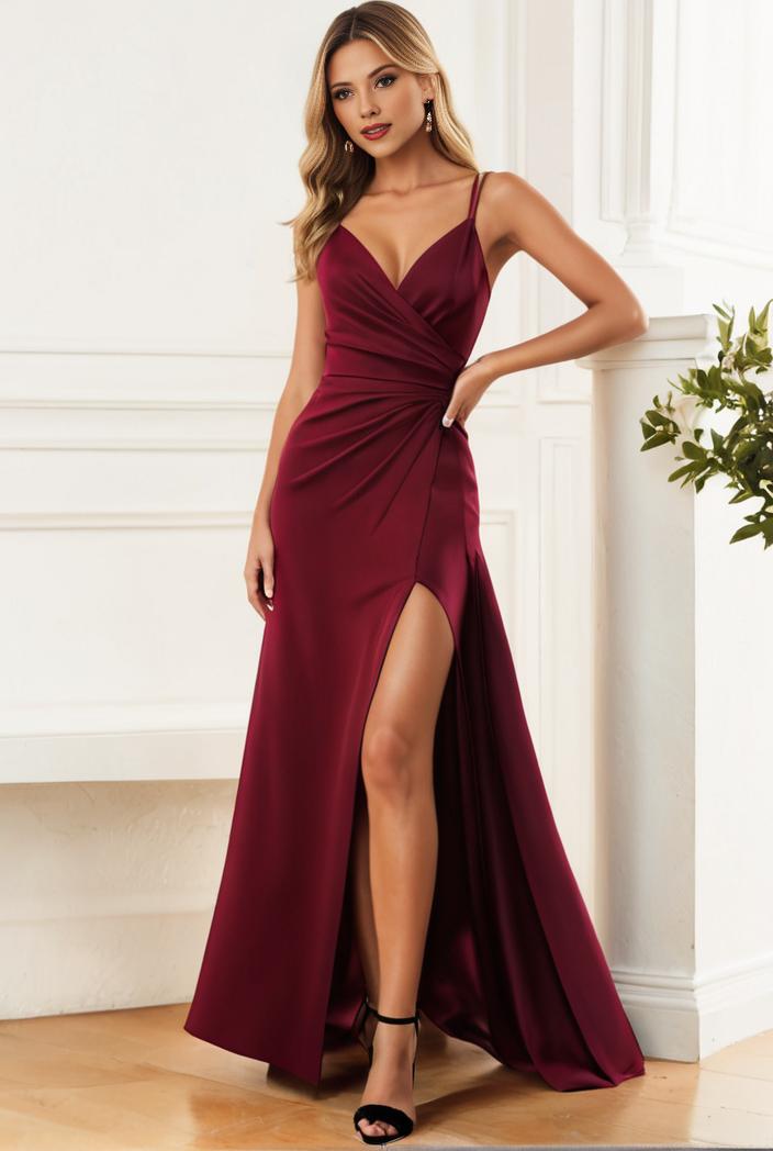 pleated v neck spaghetti strap high slit bridesmaid dress 137385