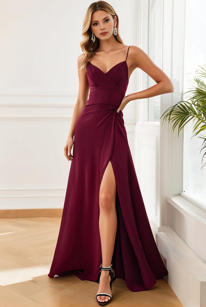 pleated v neck spaghetti strap high slit bridesmaid dress 137384