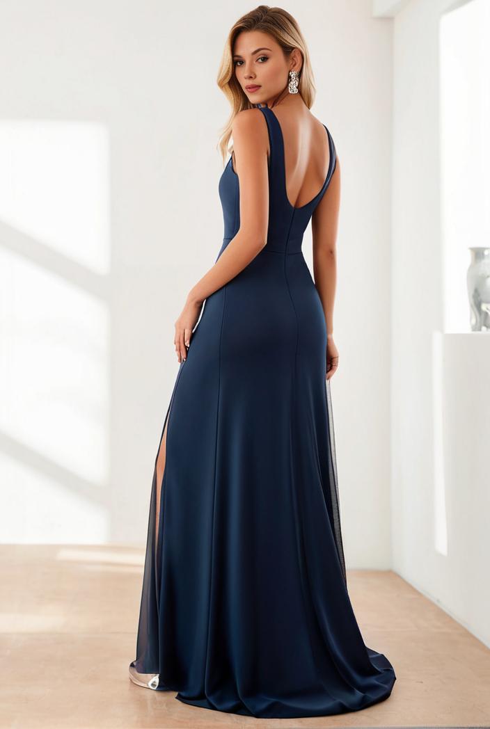 pleated v neck spaghetti strap high slit bridesmaid dress 137400