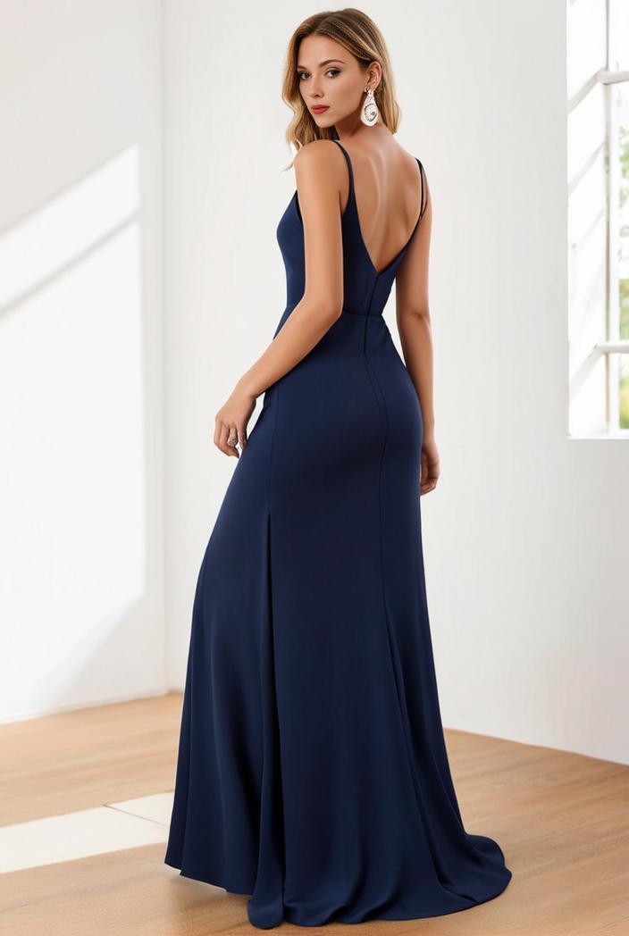 pleated v neck spaghetti strap high slit bridesmaid dress 137402