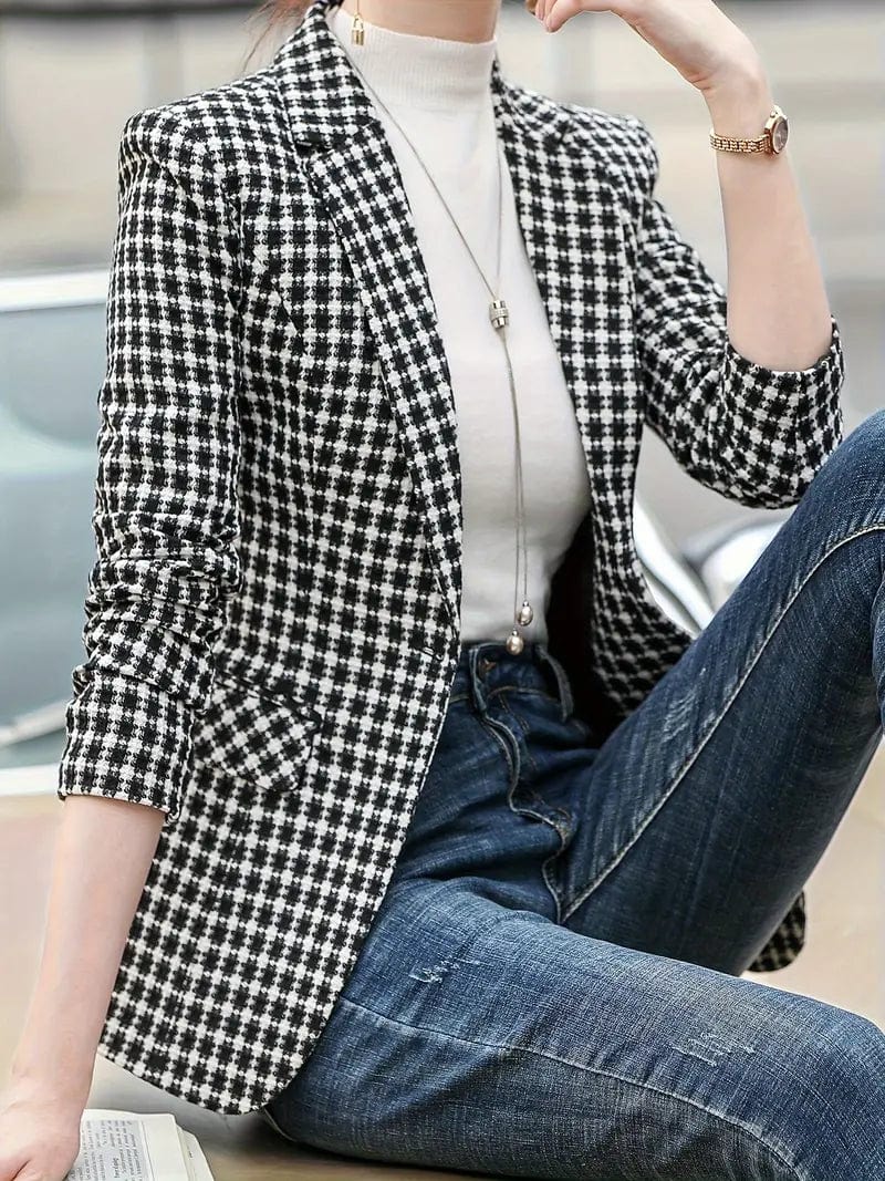 Sophisticated Houndstooth Blazer with Chic Lapel for Autumn & Winter, Women's Apparel