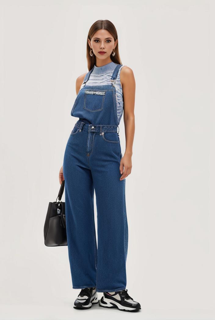 relaxed fit blue denim romper with slant pockets distressed denim coverall stylish women s denim outfit 111876