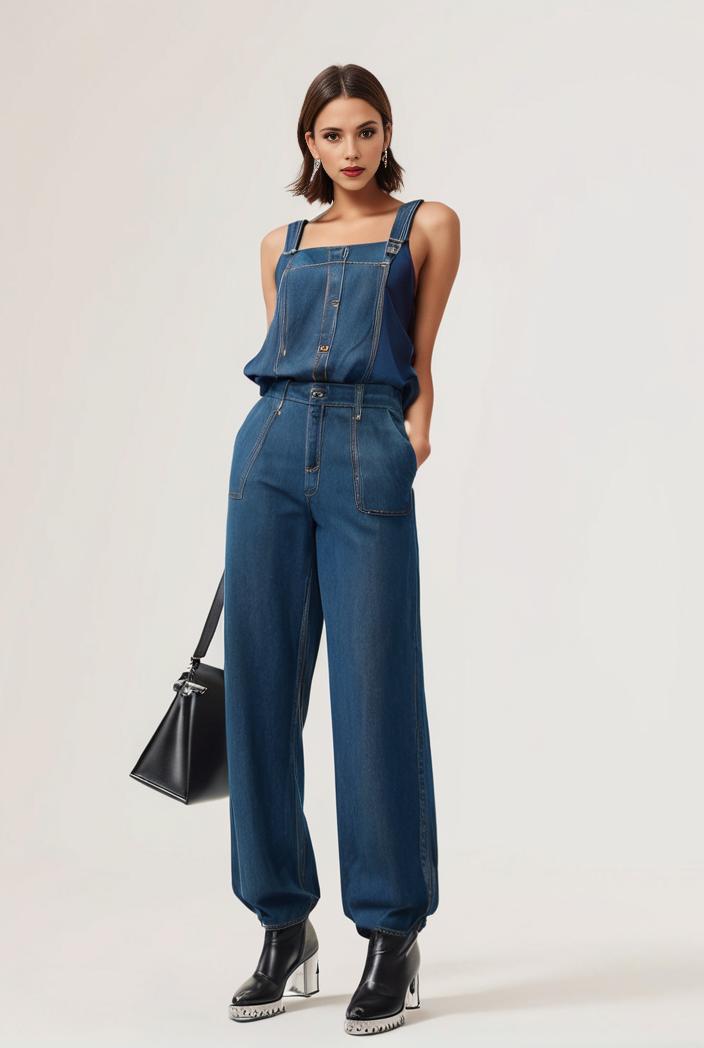 relaxed fit blue denim romper with slant pockets distressed denim coverall stylish women s denim outfit 111880