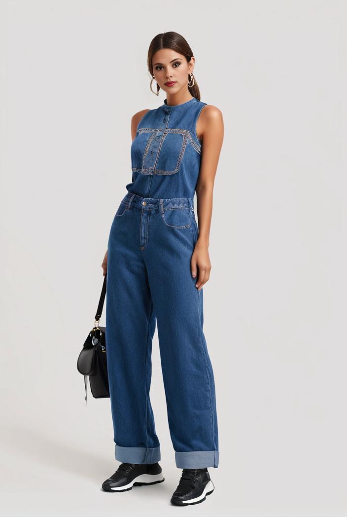 relaxed fit blue denim romper with slant pockets distressed denim coverall stylish women s denim outfit 111884