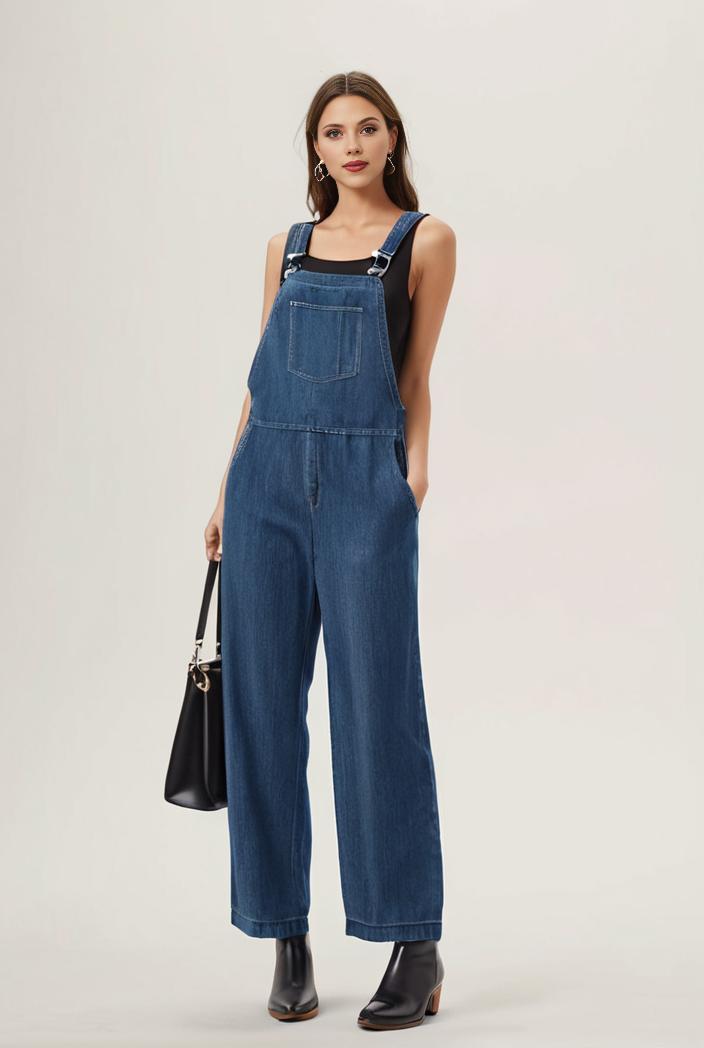 relaxed fit blue denim romper with slant pockets distressed denim coverall stylish women s denim outfit 111887