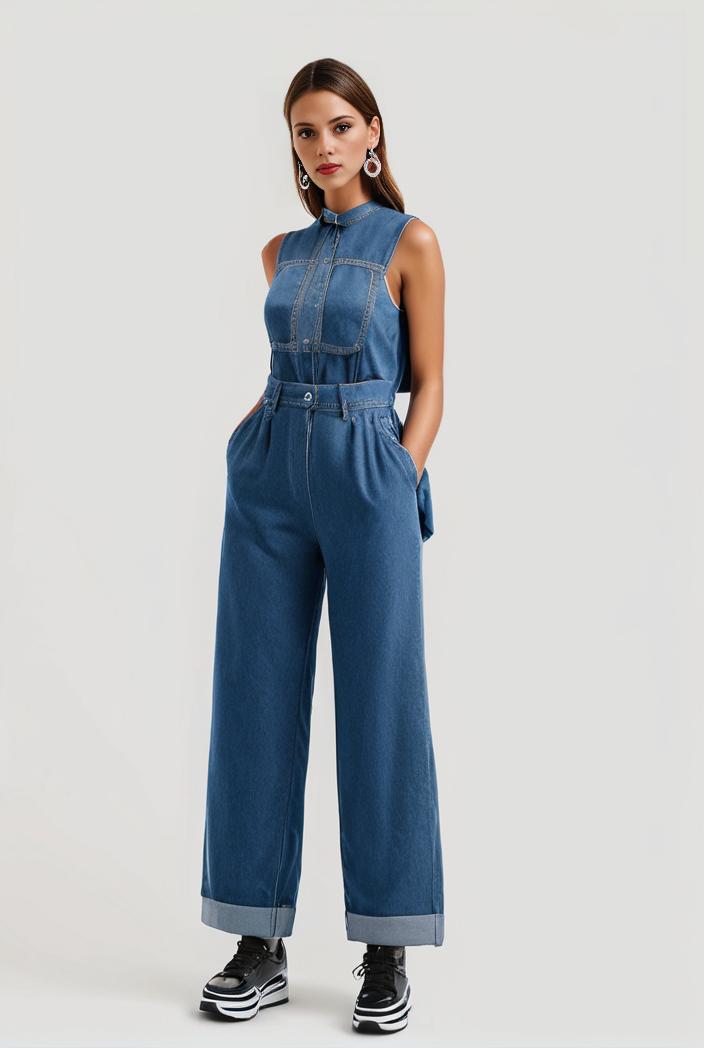 relaxed fit blue denim romper with slant pockets distressed denim coverall stylish women s denim outfit 111900