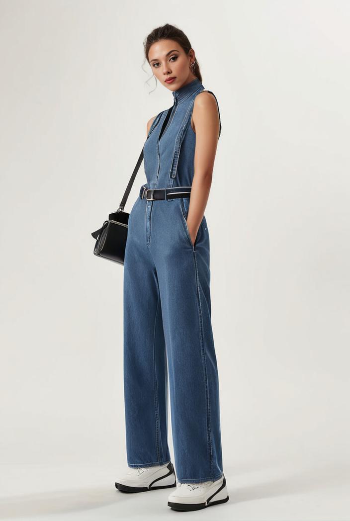 relaxed fit blue denim romper with slant pockets distressed denim coverall stylish women s denim outfit 111907