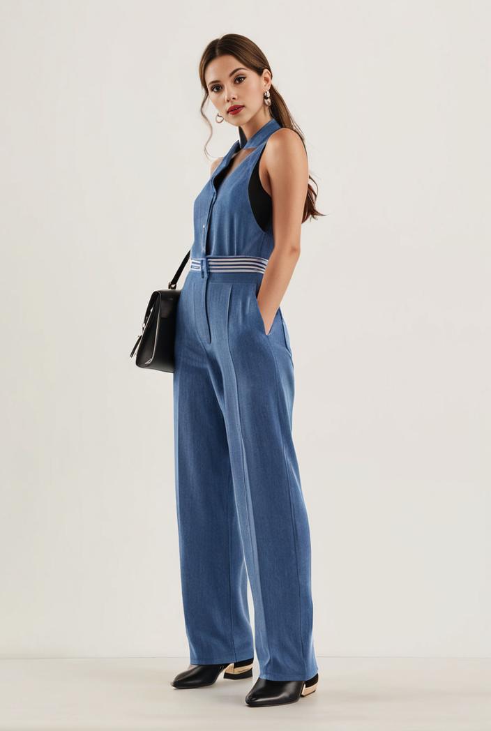 relaxed fit blue denim romper with slant pockets distressed denim coverall stylish women s denim outfit 111911