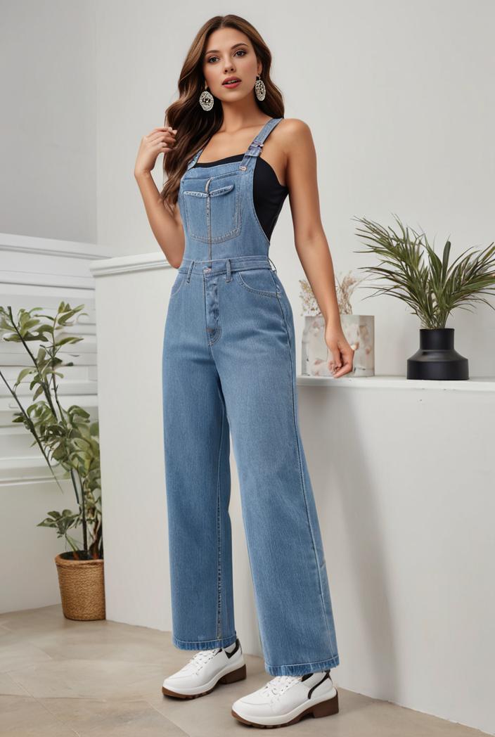 relaxed fit denim jumpsuit with slant pockets non elastic washed denim overalls women s denim apparel 111915