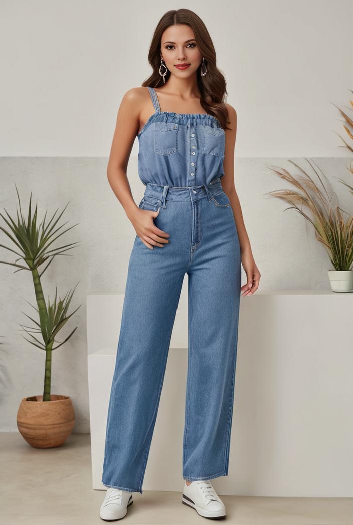 relaxed fit denim jumpsuit with slant pockets non elastic washed denim overalls women s denim apparel 111924