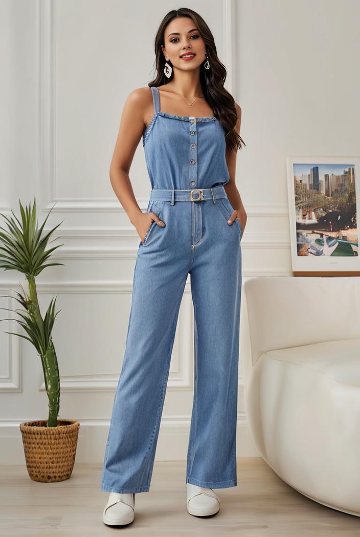relaxed fit denim jumpsuit with slant pockets non elastic washed denim overalls women s denim apparel 111927