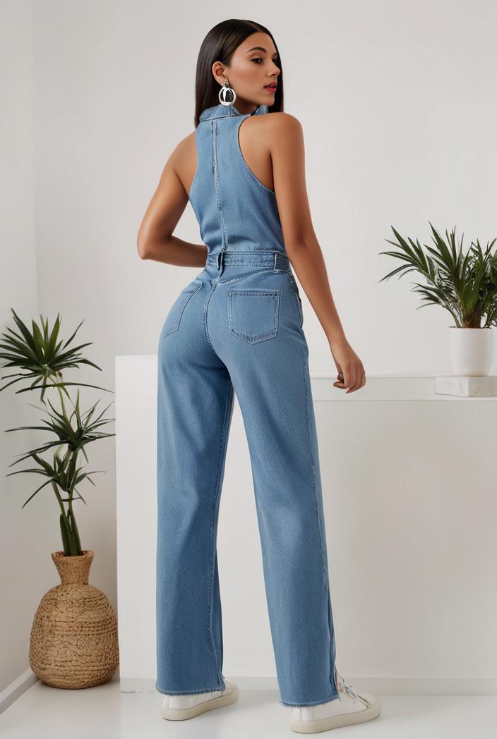 relaxed fit denim jumpsuit with slant pockets non elastic washed denim overalls women s denim apparel 111930
