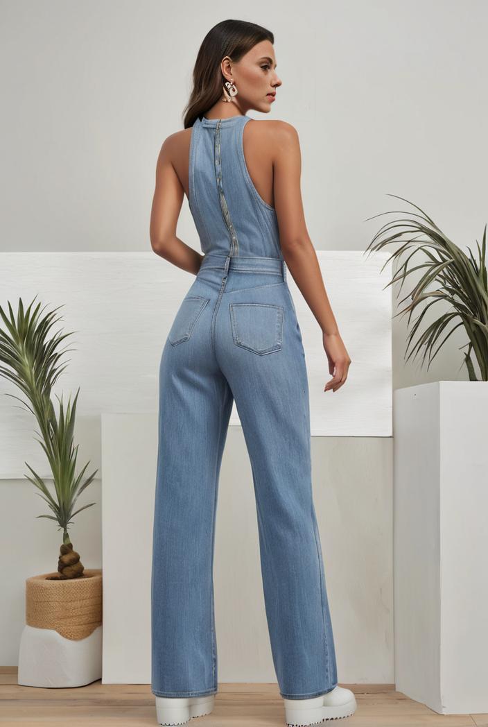 relaxed fit denim jumpsuit with slant pockets non elastic washed denim overalls women s denim apparel 111931