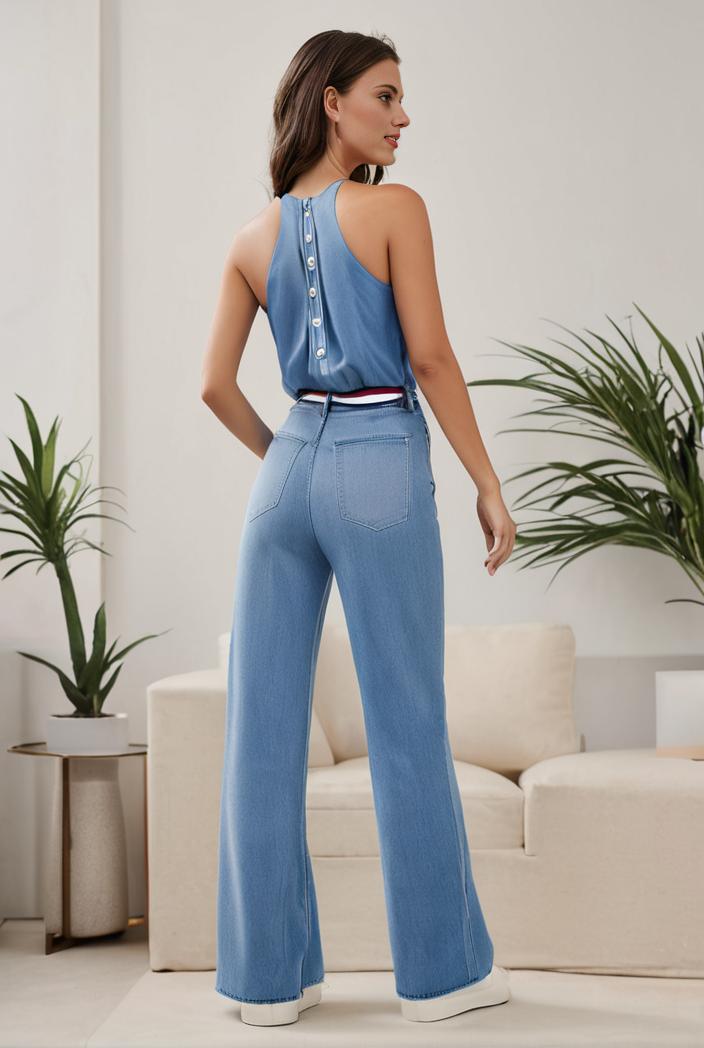 relaxed fit denim jumpsuit with slant pockets non elastic washed denim overalls women s denim apparel 111933