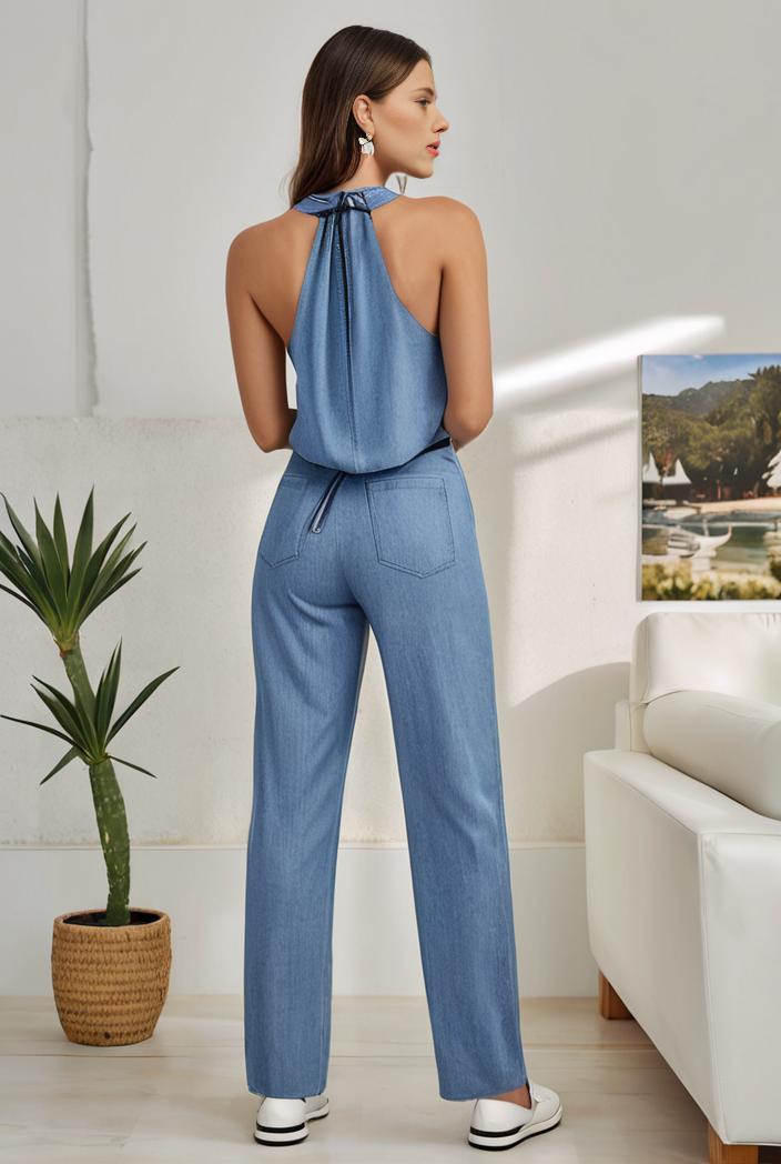 relaxed fit denim jumpsuit with slant pockets non elastic washed denim overalls women s denim apparel 111935