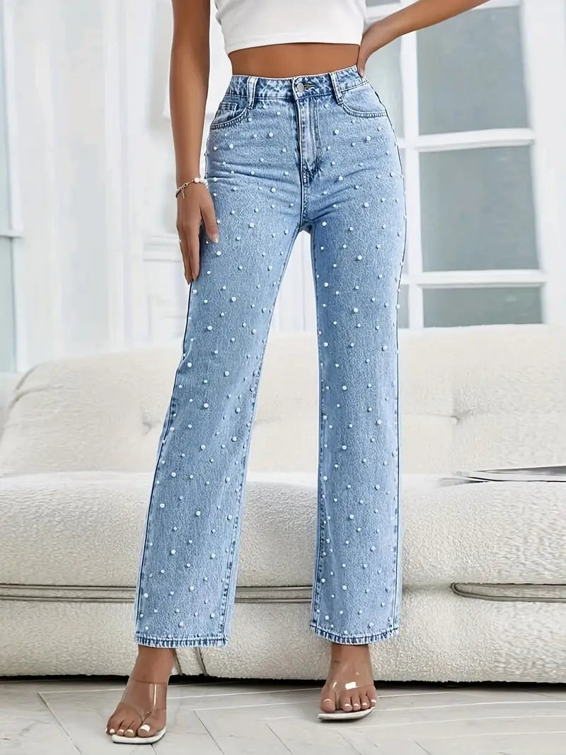 Pearl Embellished Loose Fit Denim Jeans for Women