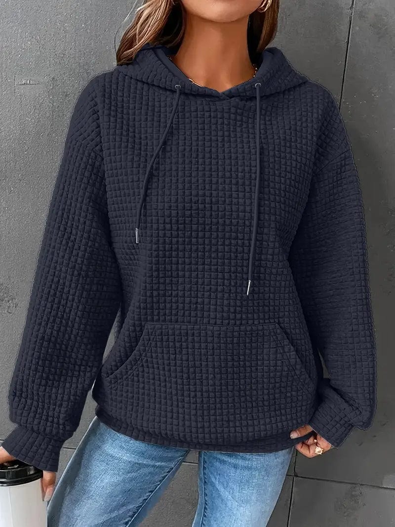 Waffle Grid Kangaroo Pocket Hoodie, Long Sleeve Drawstring Hoodies for Women