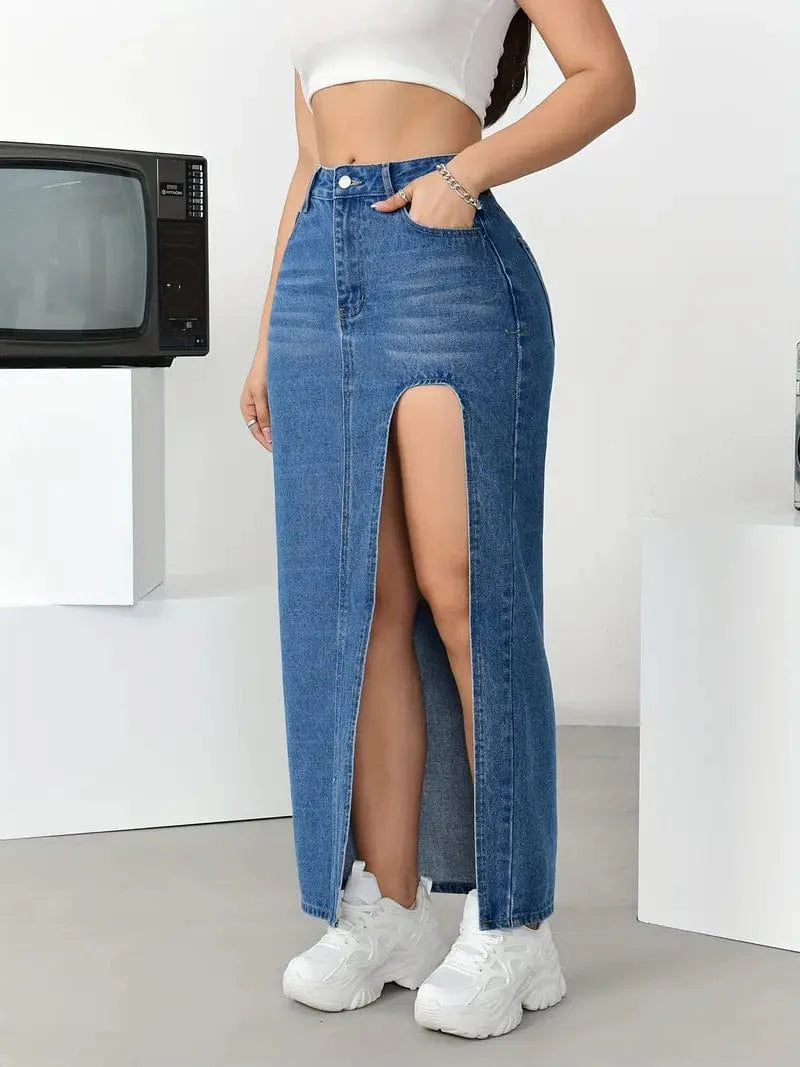 Split Thigh Casual Denim Midi Skirt with Slant Pockets