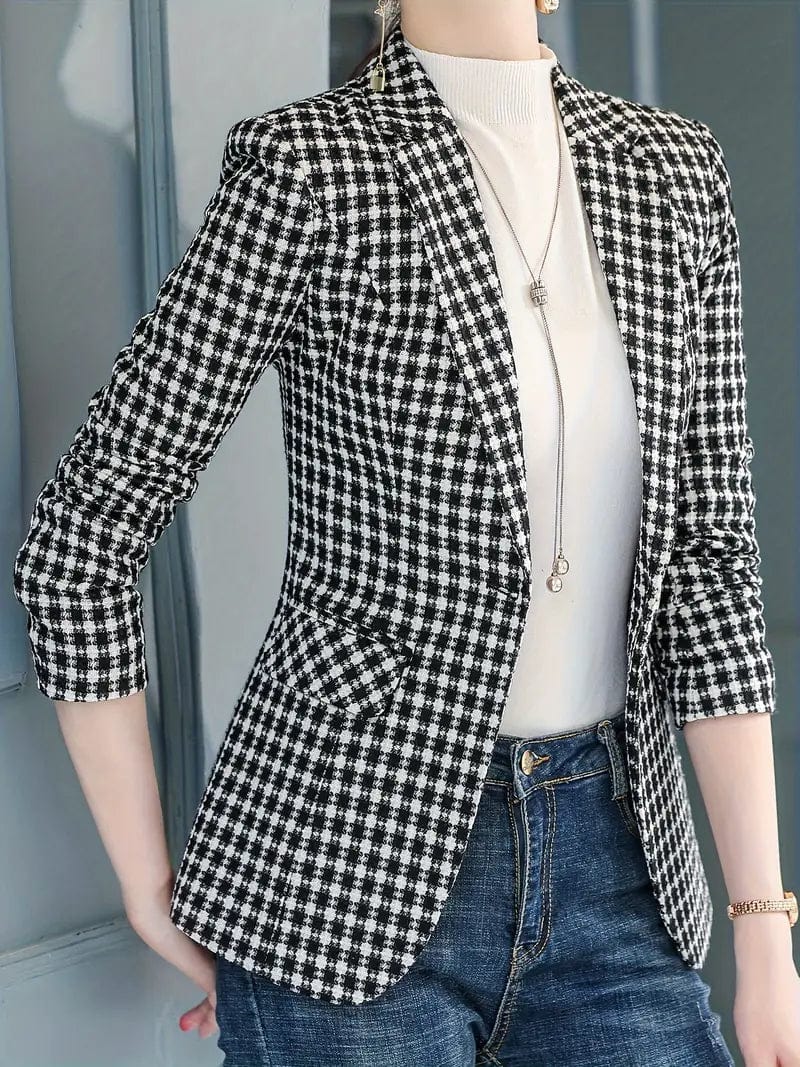 Sophisticated Houndstooth Blazer with Chic Lapel for Autumn & Winter, Women's Apparel