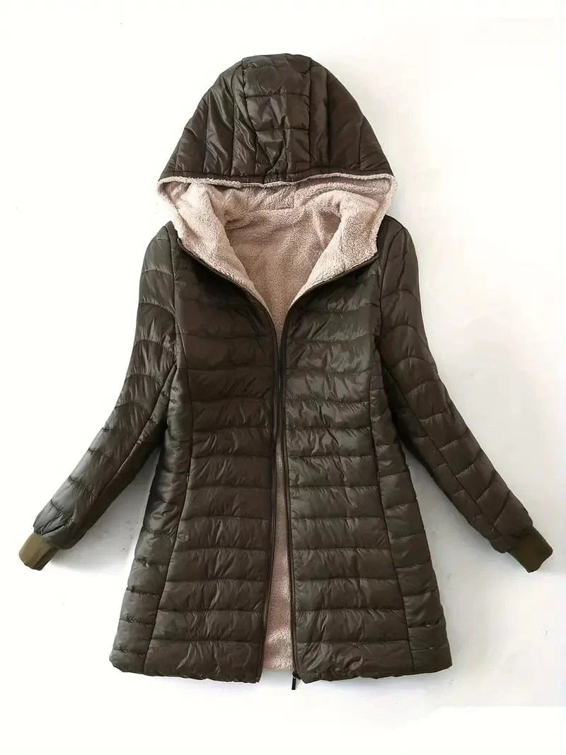 Solid Hooded Zip Up Coat for Women, Long Sleeve Winter Warm Outerwear