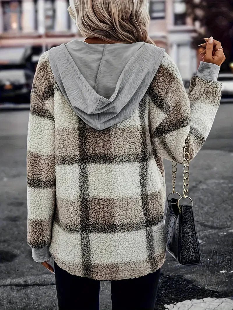 Plaid Pattern Hooded Coat with Drawstring Closure, Stylish Long Sleeve Outerwear for Women
