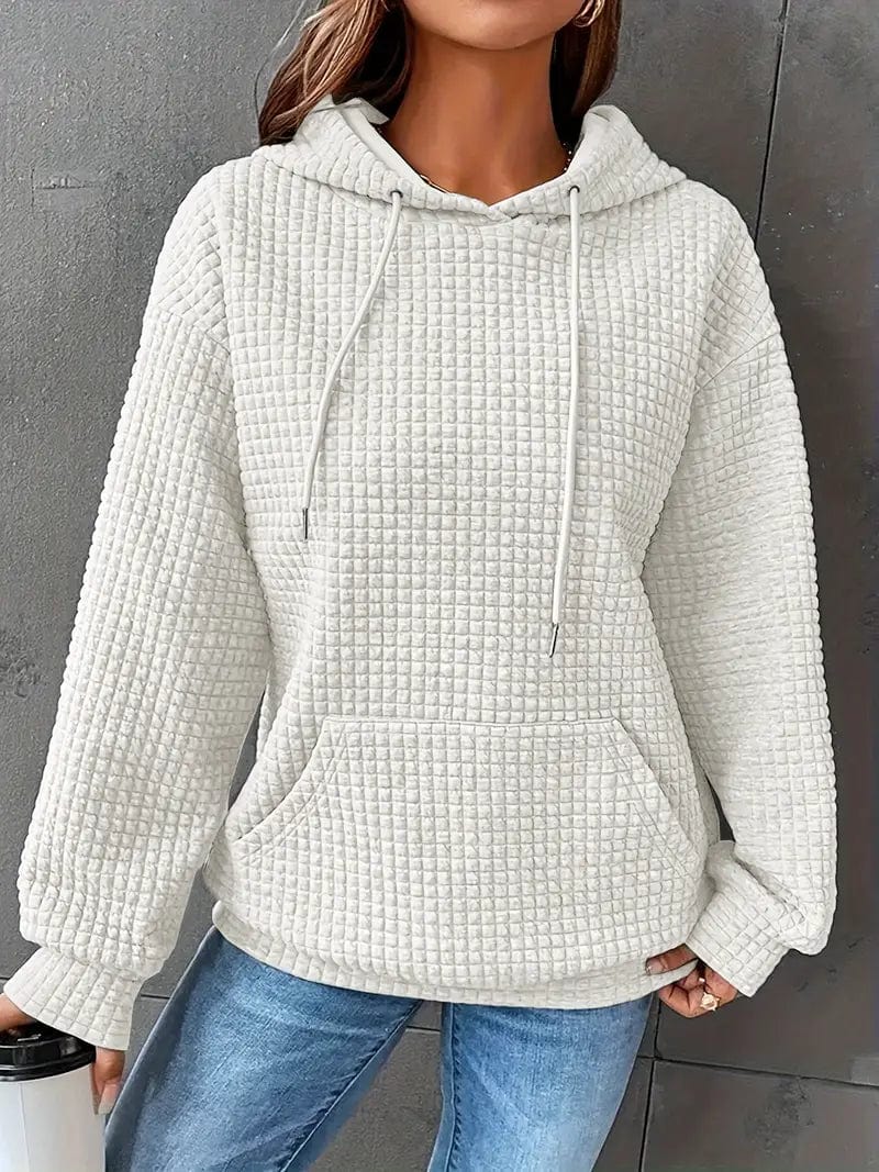 Waffle Grid Kangaroo Pocket Hoodie, Long Sleeve Drawstring Hoodies for Women