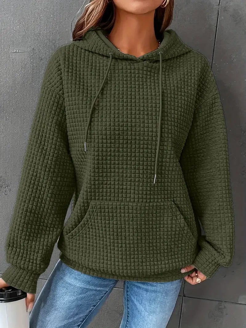 Waffle Grid Kangaroo Pocket Hoodie, Long Sleeve Drawstring Hoodies for Women