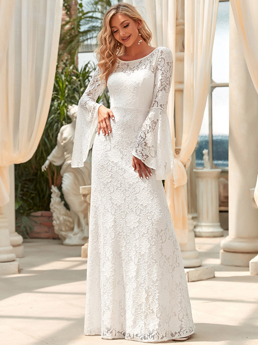 A-Line Wedding Dress with Round Neck and Bat-Wing Sleeves