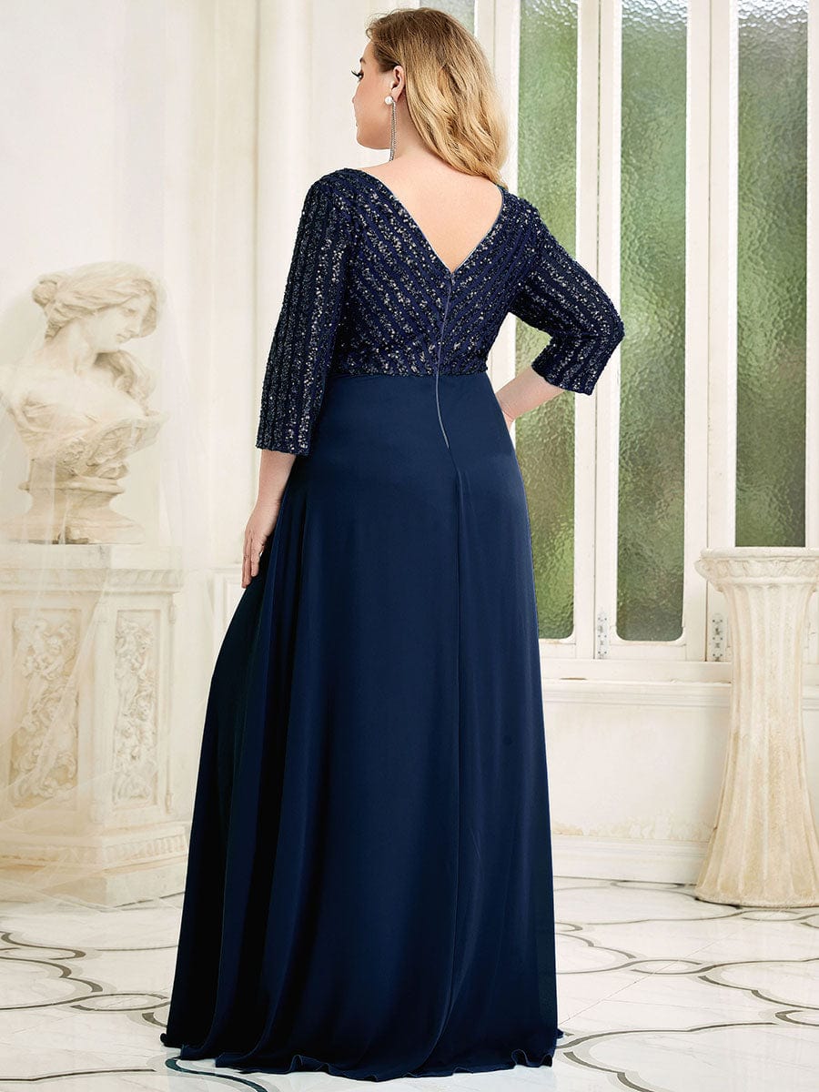 Dazzling Sequin A-Line Plus Size Evening Gown with Long Sleeves