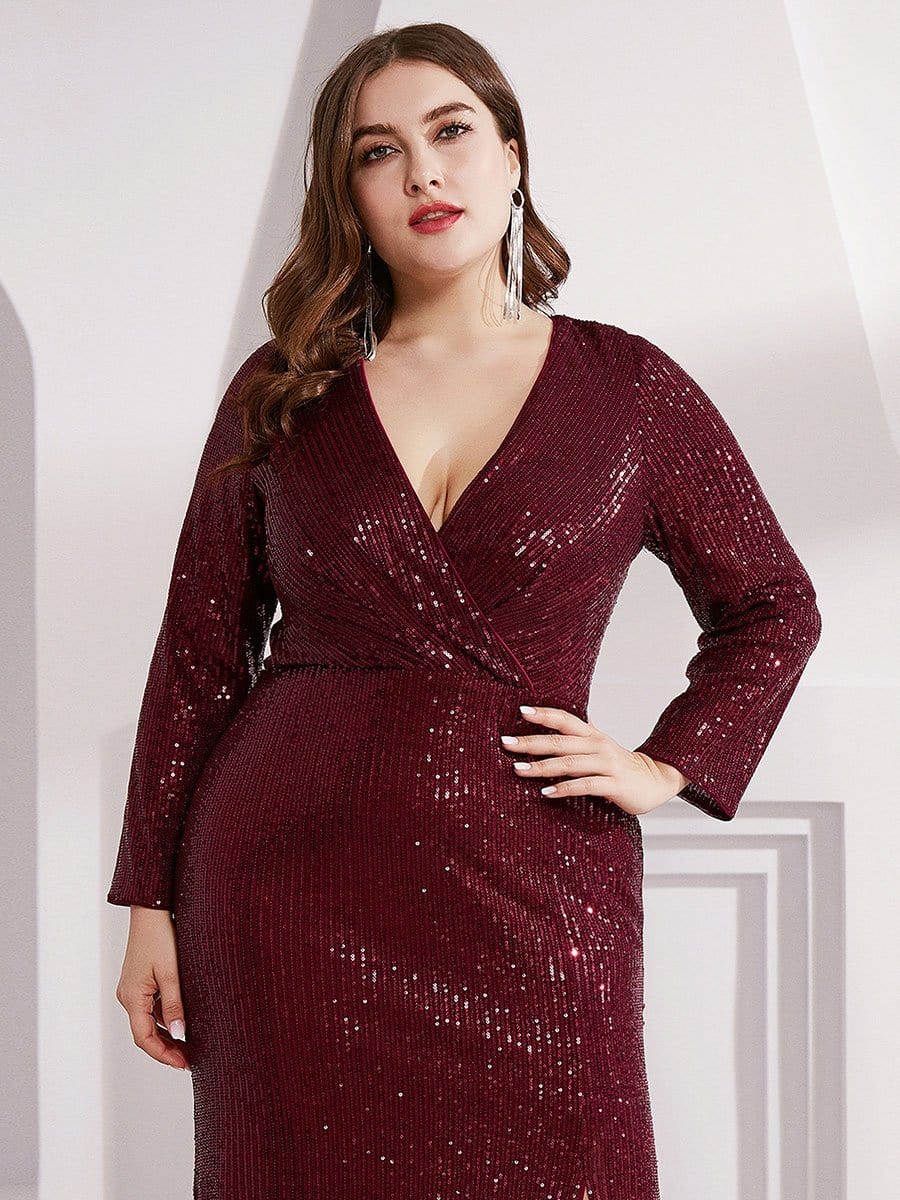 Glamorous Plus Size Sequin Deep V Neck Evening Party Gown