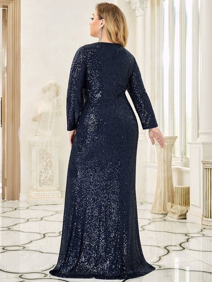 Glamorous Plus Size Sequin Deep V Neck Evening Party Gown