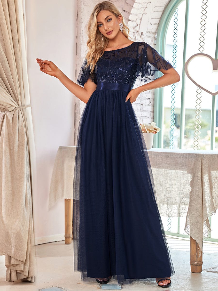 Glittering Sequin Evening Gown with Cap Sleeves and Waist Detail