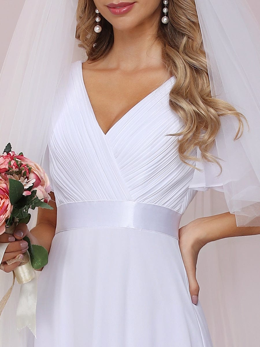 Flutter Sleeve Double V-Neck Plus Size Evening Gown with Ruffled Empire Waist