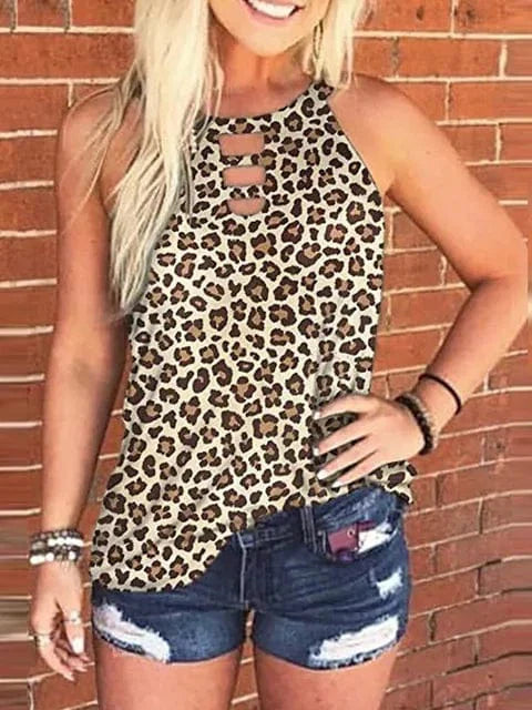 Ladies Sexy Leopard Tabk Tops Fashion Hollow Out Sleeveless Halter Camisole  Summer New  Tie-dye Printng Ladies Shirts Blusa
