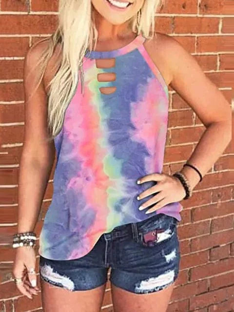 Ladies Sexy Leopard Tabk Tops Fashion Hollow Out Sleeveless Halter Camisole  Summer New  Tie-dye Printng Ladies Shirts Blusa