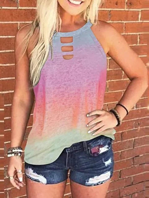 Ladies Sexy Leopard Tabk Tops Fashion Hollow Out Sleeveless Halter Camisole  Summer New  Tie-dye Printng Ladies Shirts Blusa