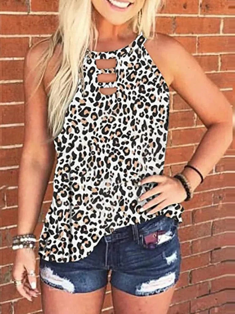 Ladies Sexy Leopard Tabk Tops Fashion Hollow Out Sleeveless Halter Camisole  Summer New  Tie-dye Printng Ladies Shirts Blusa