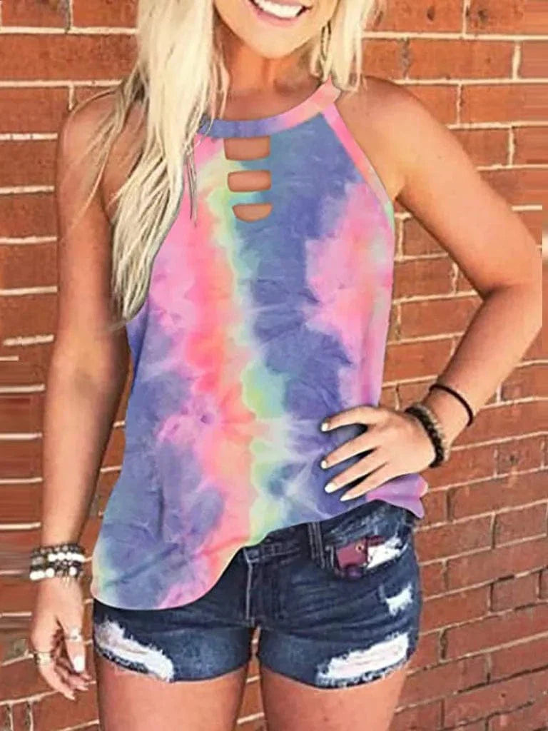 Ladies Sexy Leopard Tabk Tops Fashion Hollow Out Sleeveless Halter Camisole  Summer New  Tie-dye Printng Ladies Shirts Blusa