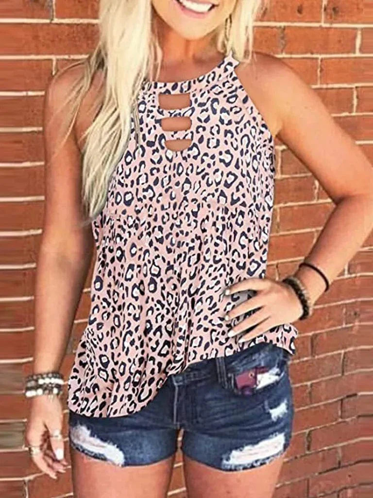 Ladies Sexy Leopard Tabk Tops Fashion Hollow Out Sleeveless Halter Camisole  Summer New  Tie-dye Printng Ladies Shirts Blusa