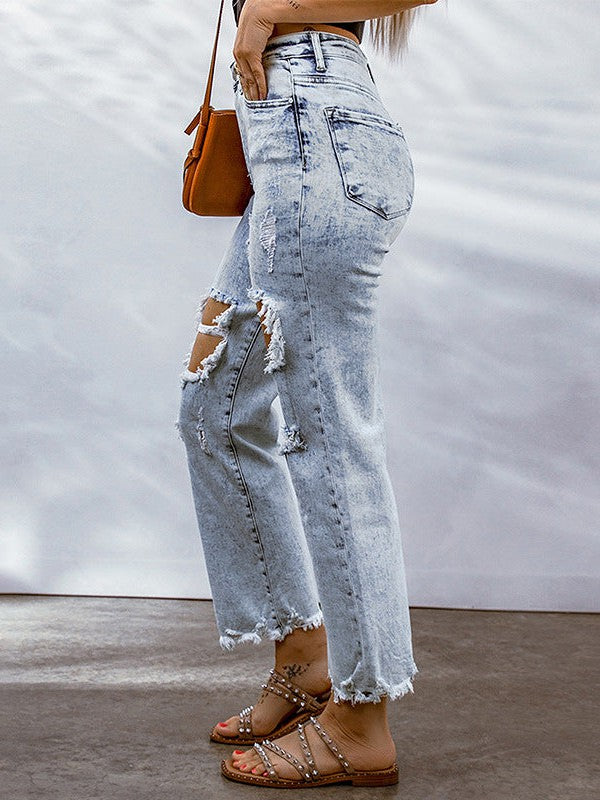 Women's High Waist Sky Blue Ripped Jeans with Raw Hem