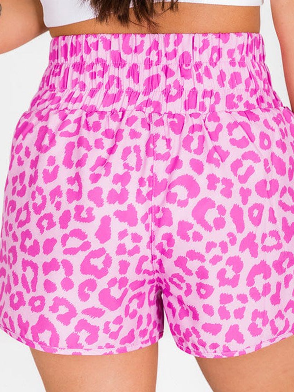 Leopard Print High Waist Women's Sports Shorts - Pink Glitter