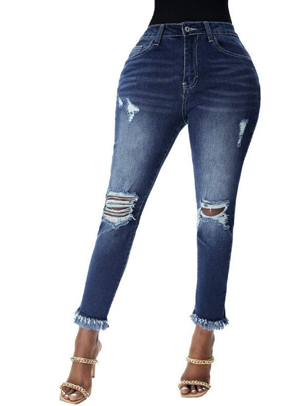 High Waist Blue Ripped Jeans with Nine-Point Length Street Style for Fashionable Women