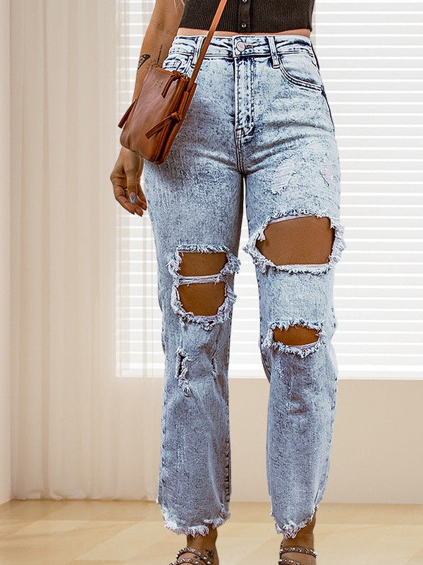 Women's High Waist Sky Blue Ripped Jeans with Raw Hem