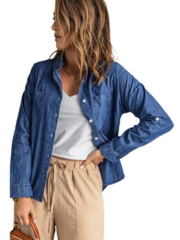 Casual Denim Jacket with Double Pockets and Frayed Edges